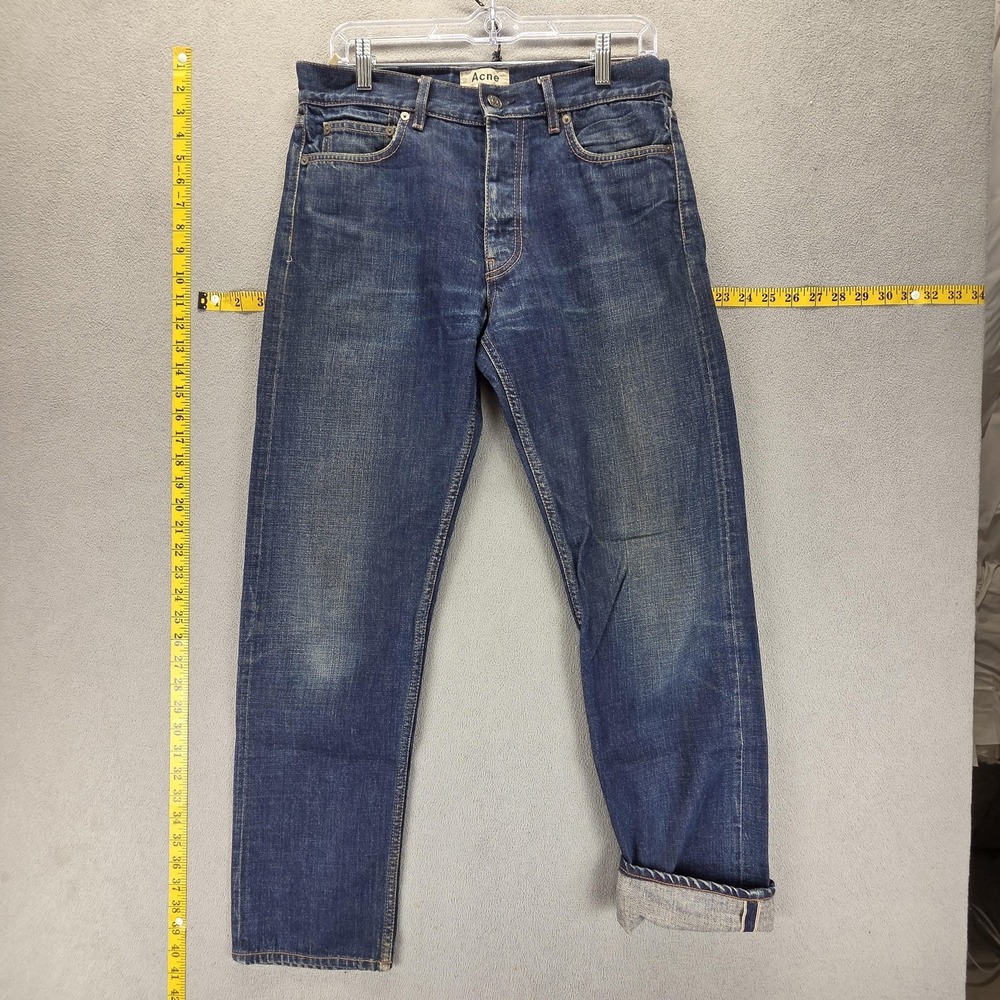 Selvedge Jeans Mens 29x32 Blue Acne Studios Ash Indigo Whiskers Button Fly